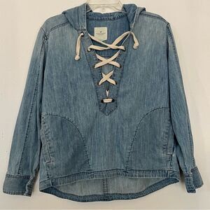 AEO Denim Lace Up Hoodie Small American Eagle Outfitters Hooded Chambray Top